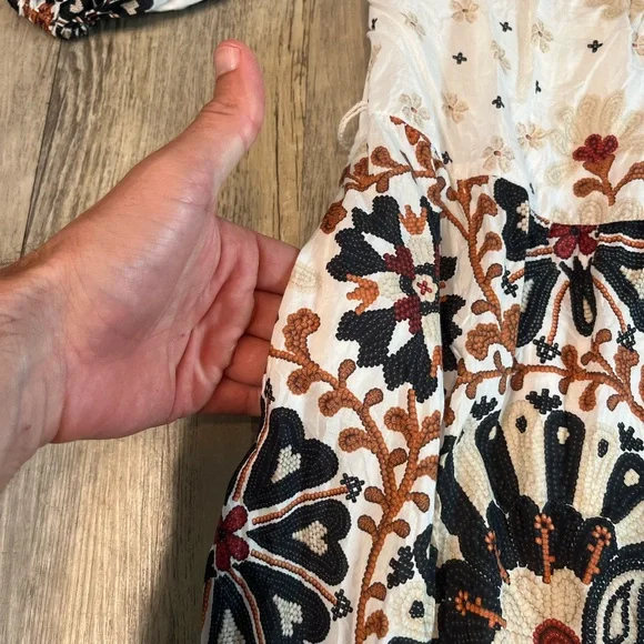 Farm Rio Flower Fan Off White Tapestry Dress Puff Sleeve Button Down Size Small - Picture 9 of 14